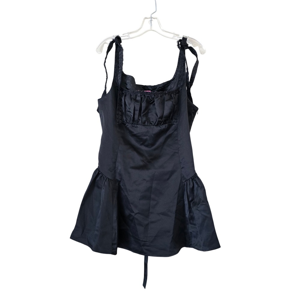 Black Satin Drop Waist Mini Dress‎ Coquette Gothic Lolita Ruffle Trim Sleeveless